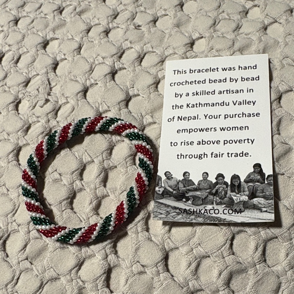 Handcrafted Beaded Bracelet - Red, Green, White